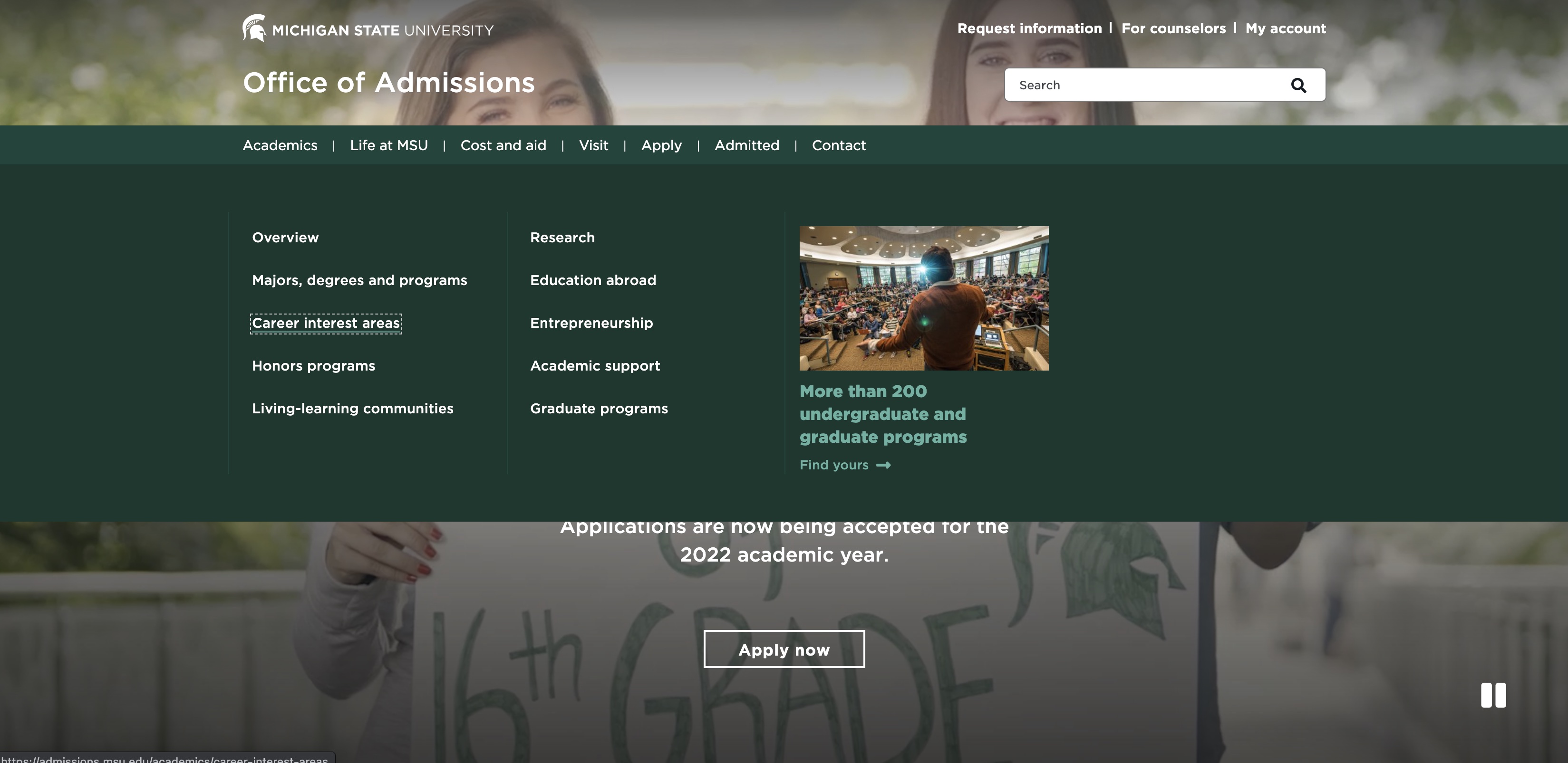 Michigan State University Admissions' website, second work sample