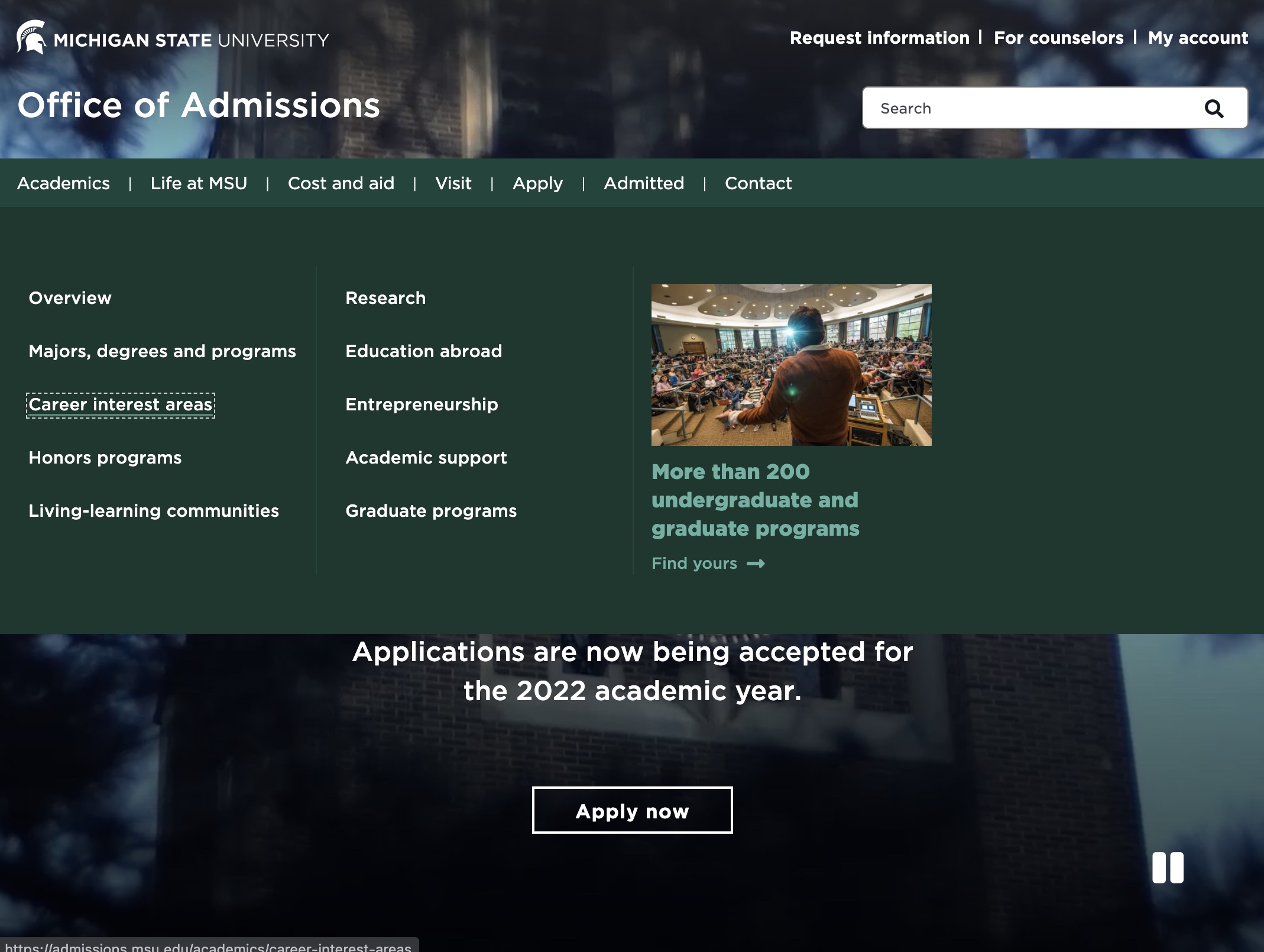preview of the MSU Admissions homepage