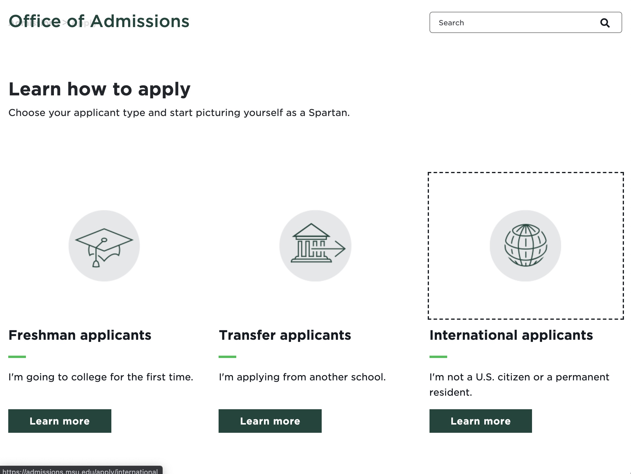 preview of the MSU Admissions apply page