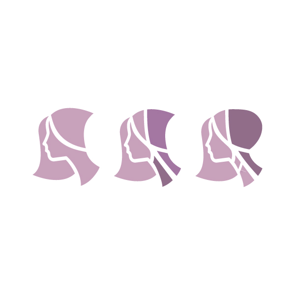 3 illustrations of a side profile of a woman in a headscarf