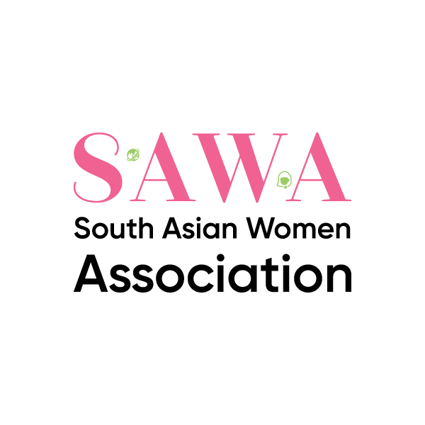 An early draft of the SAWA brand identity wordmark SAWA and brandmarks of a woman's face and a map of South Asia