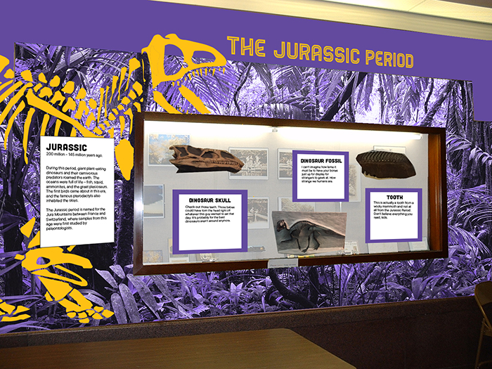 New Evolution Exhibit brand and color scheme implemented in display case of exhibit
