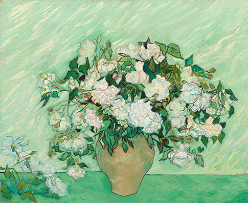 There are two paintings in this image one of yellow and black irises with a yellow background and white roses in front of a striped green and white background. An evolution on my efforts to express a message with flowers, this of white roses entangled with green stems and leaves, is called 'the proportioned soul.' This seeks to express the message of purity and innocence, as aligned with white roses, representing the soul entangled with the green—representing life and the turmoils, temptations, and triumphs therein.