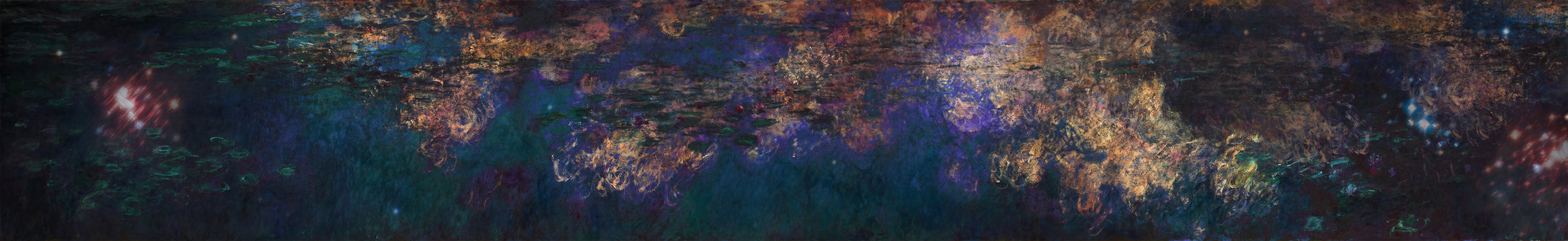 a water lily pond reflecting nebulae, stars, and cosmic gases in an Impressionist style with collections of stars reflected through water lilies.