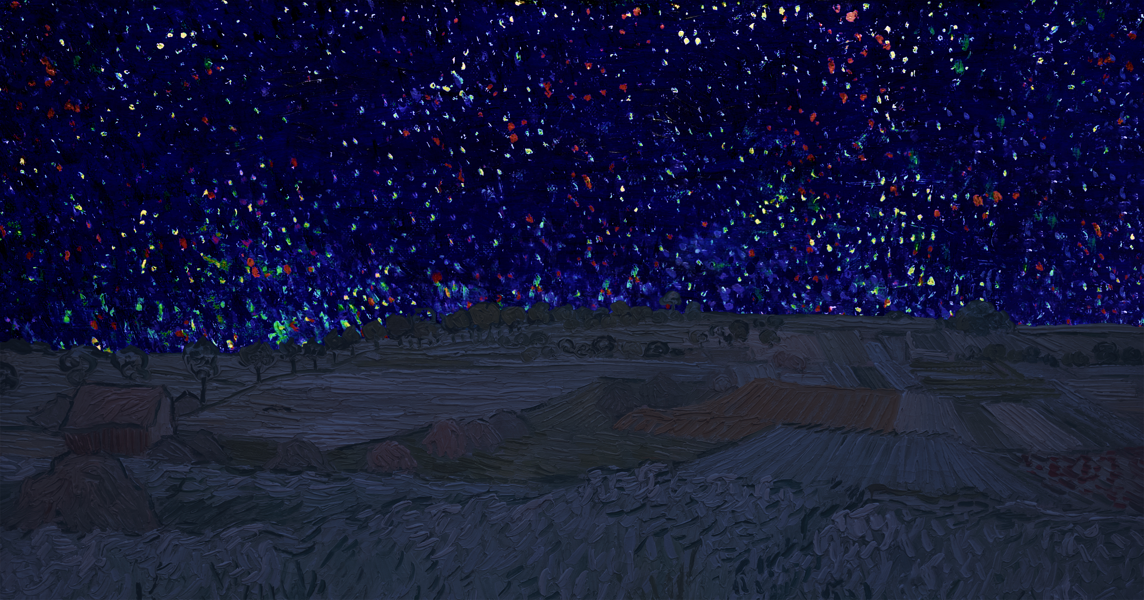 A plain with rolling hills and a small house on the side under an arbitrarily colored night sky of red, green, and yellow stars over a black and purple sky.