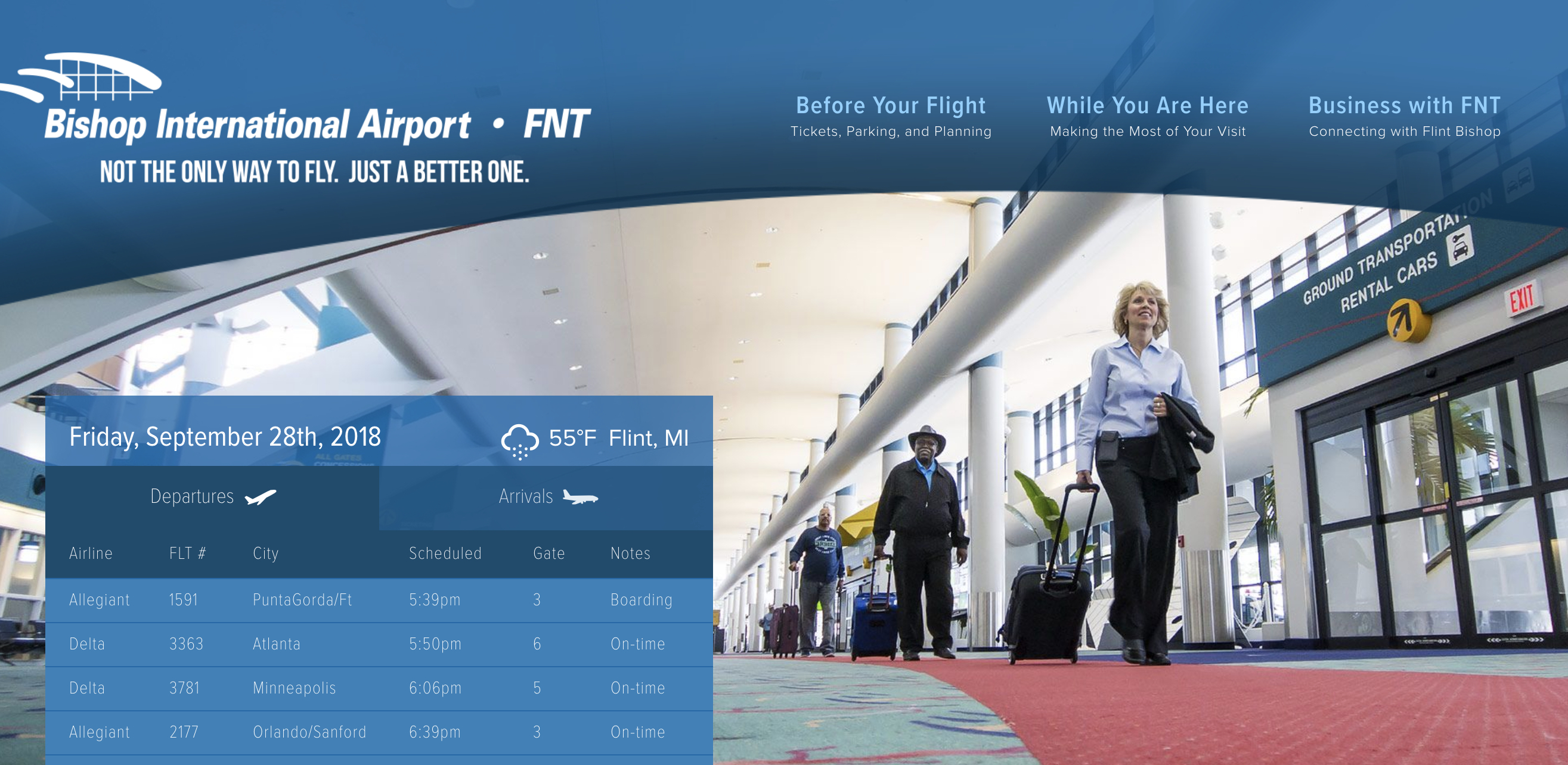 Final homepage of the FNT Flint Bishop International Airport