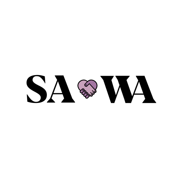 Workmark for SAWA of the letters S A and a ligature between W A with an illustraition of hands holding each other shaped like a heart