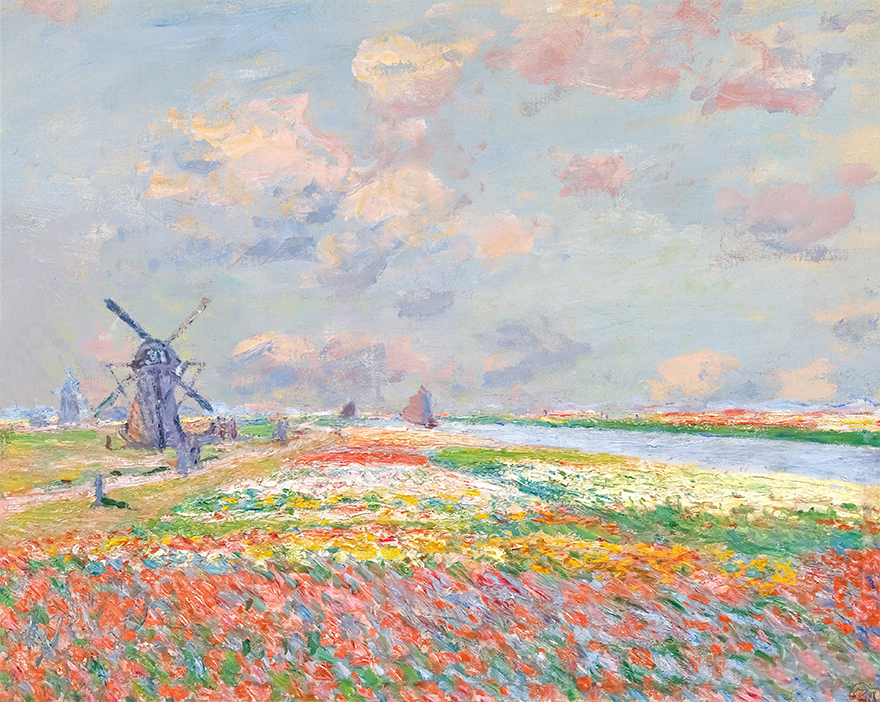 A painting of a windmills and tulips in Holland/The Netherlands made with the method making process