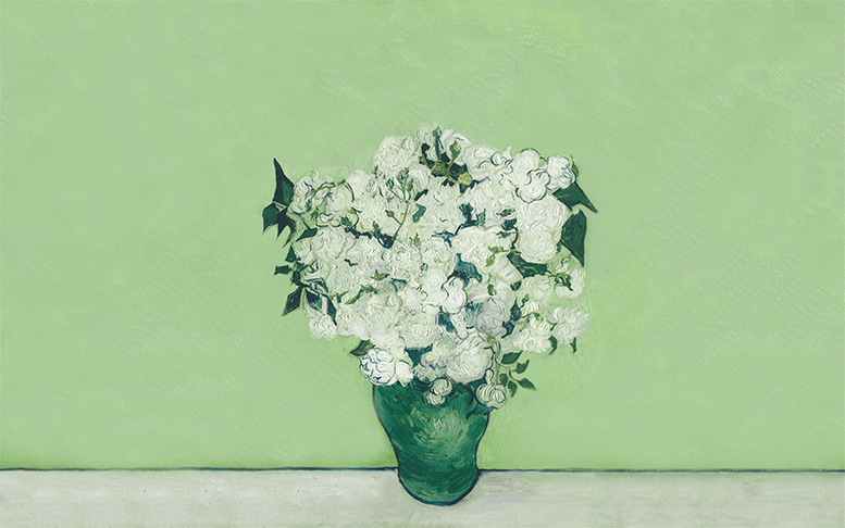 This painting feature white roses in a green vase in front of a light green background and a gray-ish white floor. An extension of painting flowers in the Post-Impressionist style to express a message, 'tender is the heart;' painted by hand and a background made with AI, seek to extend on the purity and innocent love embodied by the white rose to represent the healing and unity, which needs to happen, and may more likely happen with a soft heart—love and empathy for our fellow humans.